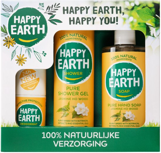 Happy Earth Cadeauset Jasmine Ho Wood Deodorant Roller, Douchegel, Handzeep - 100% Natuurlijk - Microplasticvrij - Giftset - 75mL & 300mL & 300mL