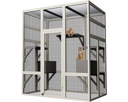Grote Houten Kattenren voor Buiten - 178 cm Hoog - Kattenverblijf met 5 Platformen en 2 Slaaphuisjes - Weerbestendig PC-Dak - Veilige Buitenruimte voor Katten