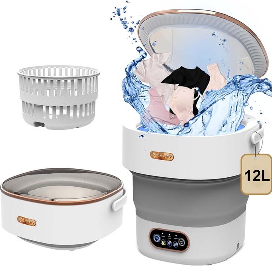 Kleine Wasmachine - Mini Wasmachine Opvouwbaar - Camping Wasmachine - Mini Wasdroger - 12L - Geschikt om te Kamperen - Grijs