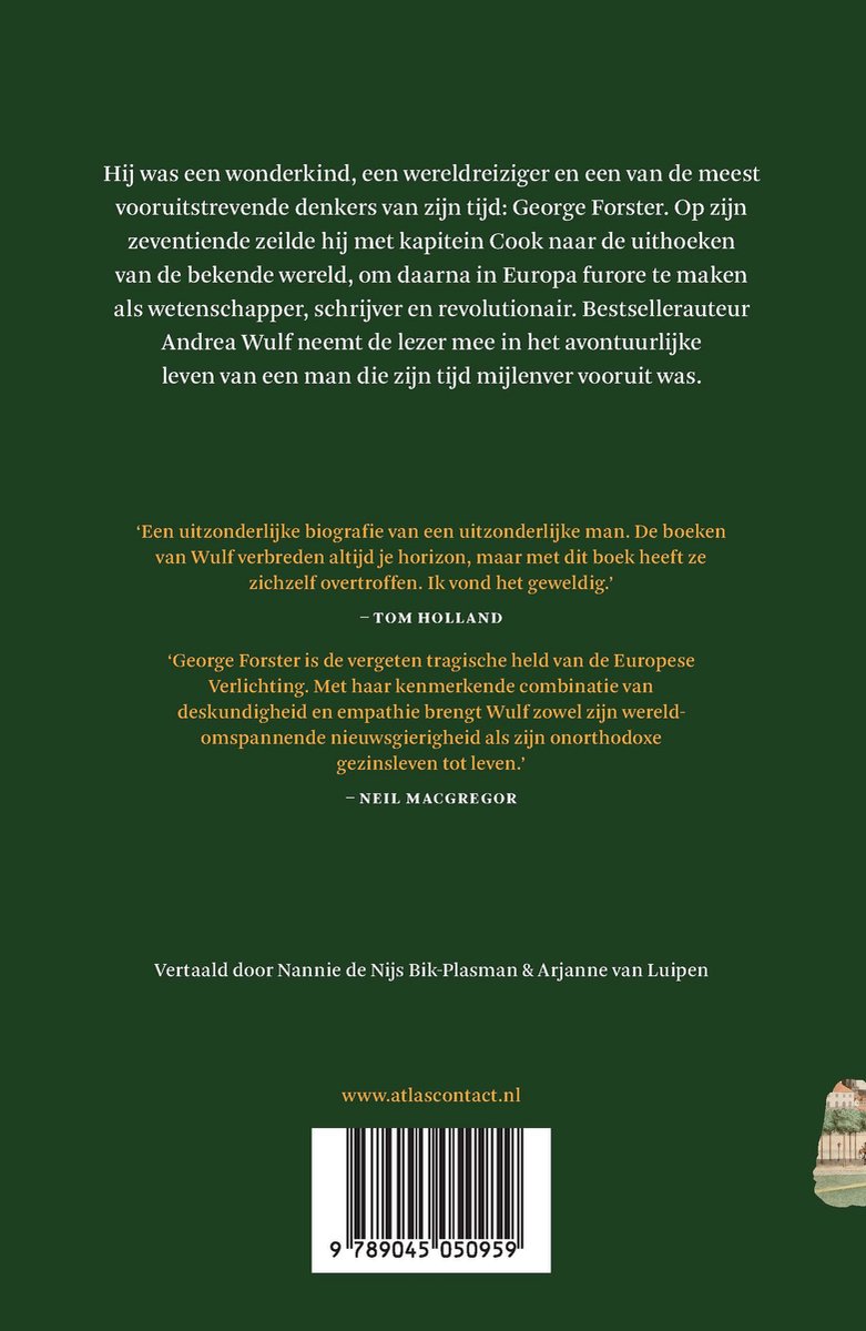Achterflap van 'De Reiziger' door Andrea Wulf, met biografie van George Forster, recensies en ISBN.