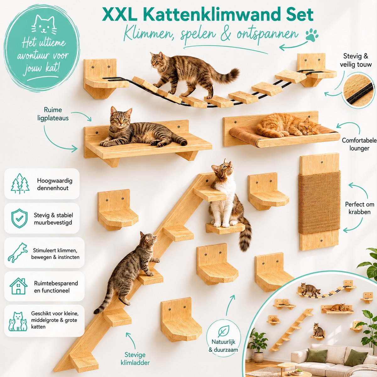 QLS Katten Klimwand Set XXL - Kattenmeubilair Wandmontage - Met Wandligstoel & Planken - Modulair DIY Systeem - Hout & Sisal - Voor Actieve Katten