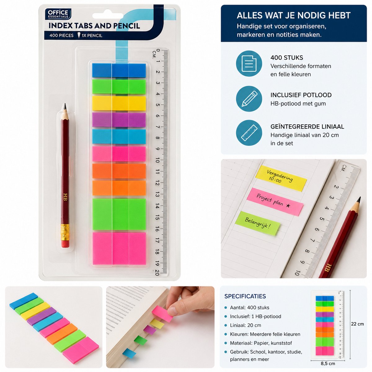 Index Tabs en Sticky Notes Set met Potlood en Liniaal – 400 Stuks – Kleurrijke Paginamarkers – Kantoor en School Benodigdheden
