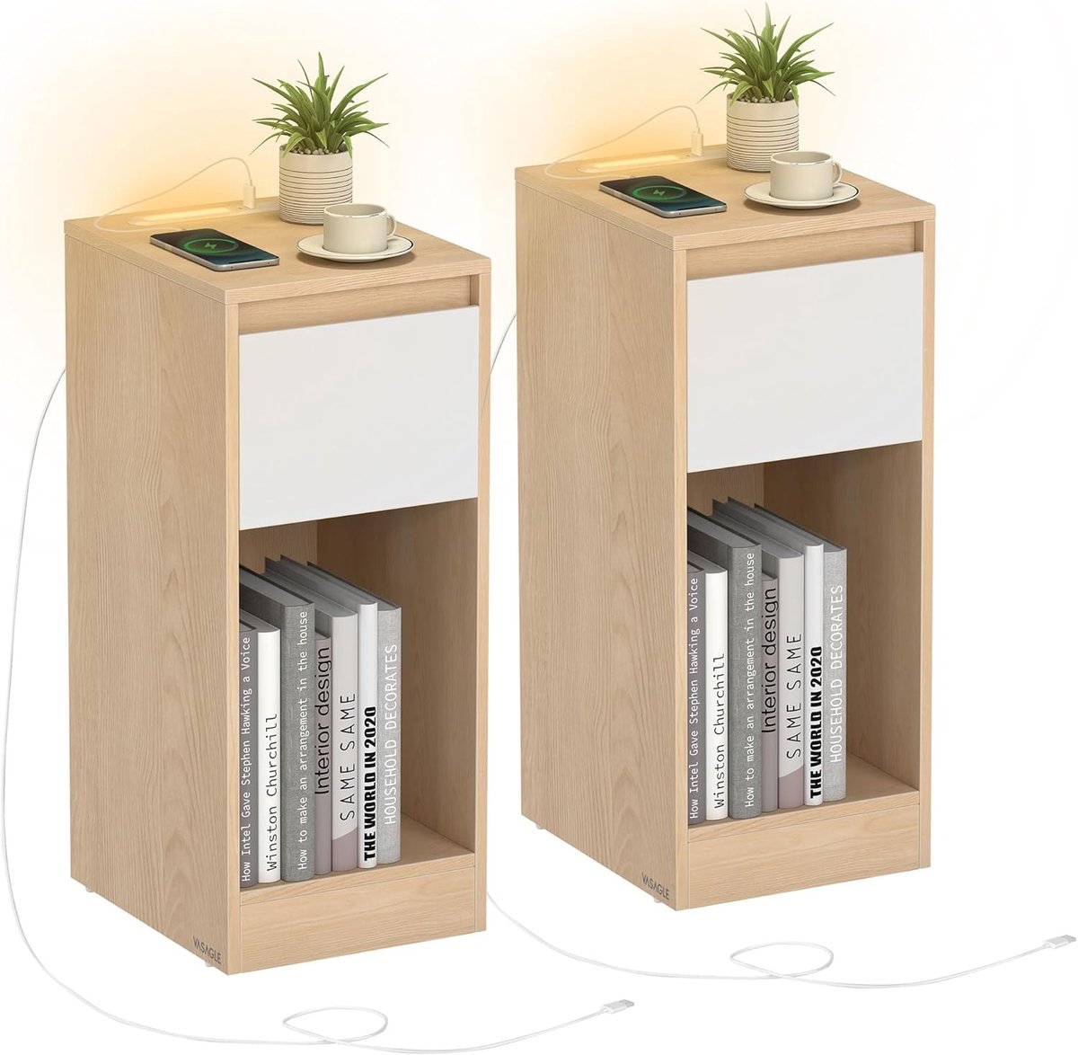 VASAGLE Set van 2 slanke nachtkastje LED-verlichting 1 USB-A-poort 1 USB-C-poort Lade Open compartiment voor slaapkamer Woonkamer Amandelgeel Wolk Wit LET710Y01