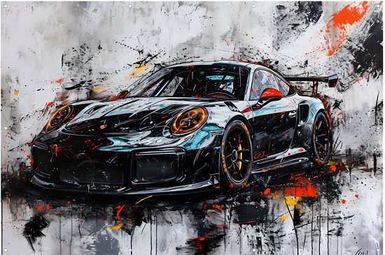 Abstracte poster van een zwarte Porsche GT3 RS met oranje accenten op een witte en grijze achtergrond met verfspatten.