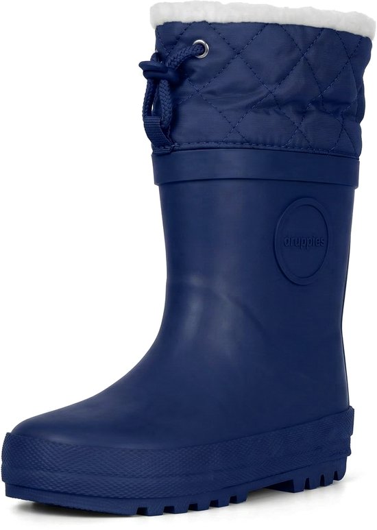 Donkerblauwe rubberen regenlaars met gewatteerde kraag en trekkoord. Logo op zijkant.