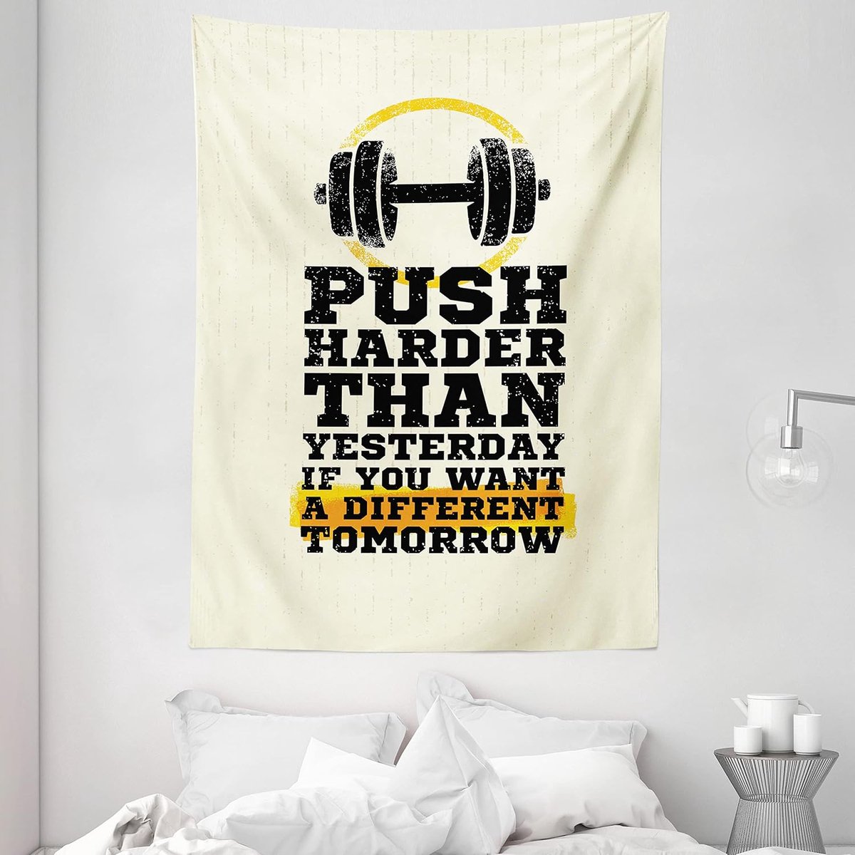 ABAKUHAUS Fitness Wandtapijt, Strakkere Drukwoord, Woonkamer Slaapkamer Wanddoek Zijdezacht Satijn Wandtapijt, 150 x 200 cm, Zwart Cream Yellow Zwart Roomgeel