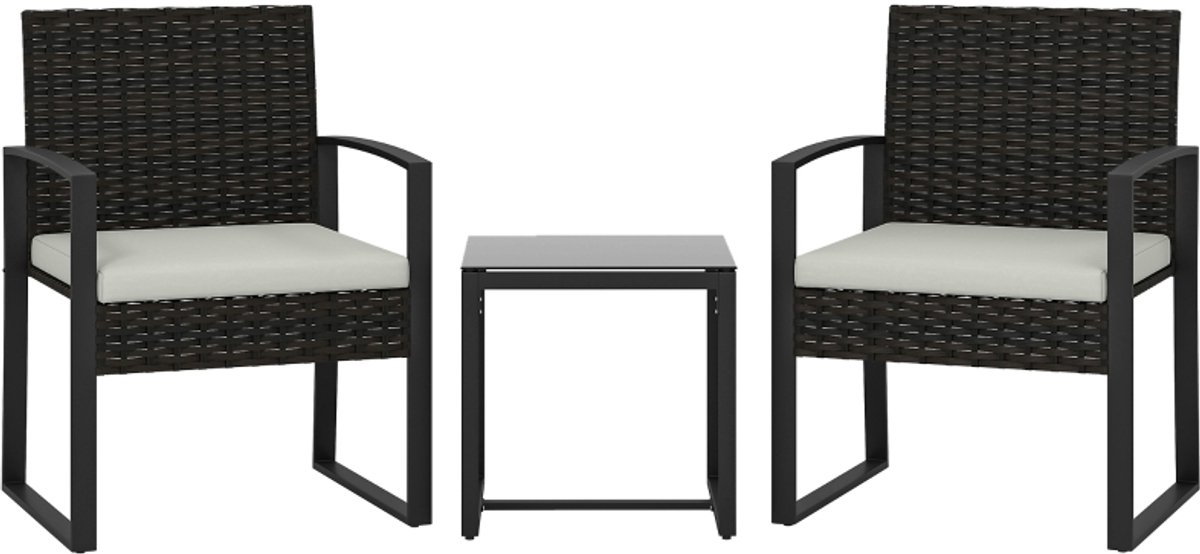 Tuinset - Driedelige casual set - Tweepersoons-Twee relaxstoelen met bijzettafel-Rotan tuintafel en stoelenset-Balkonmeubelset-Gestoffeerde, weerbestendige stoel met tuintafel - Weerbestendig PP-materiaal - Afneembaar beige-grijs kussen - Beige-grijs