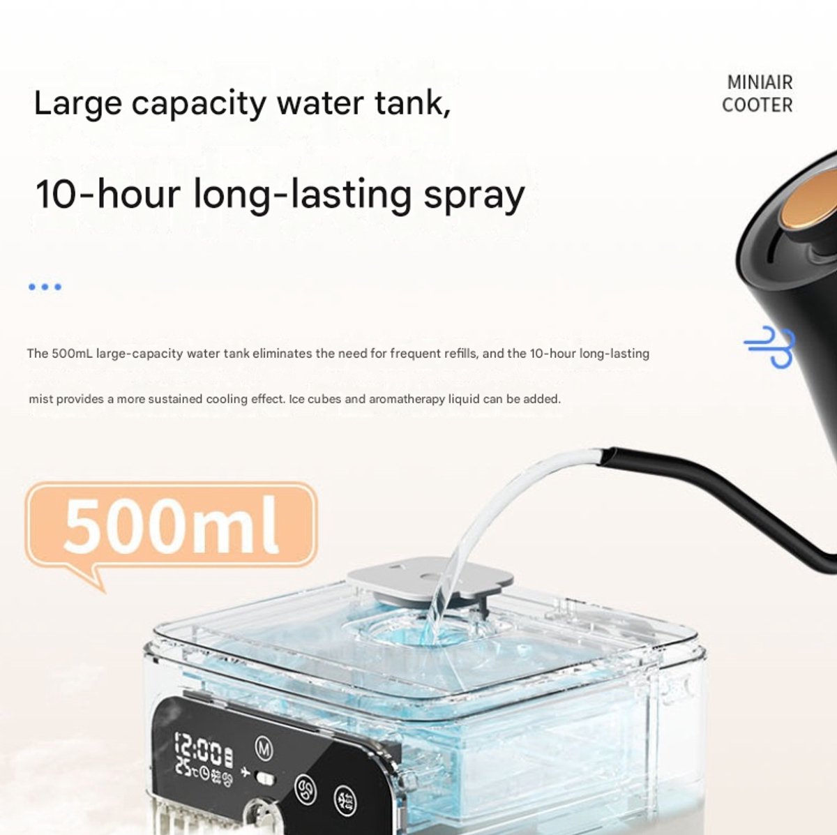 Airco -Mobiele Airco en Luchtkoeler met Mistbevochtiging - Premium Mini Cold Air Fan 500ml - Stille Tafelventilator 18 dB met Klok en Temperatuurweergave-Oplaadbaar - Draagbare Luchtkoeler voor Slaapkamer en Kantoor – foto 7