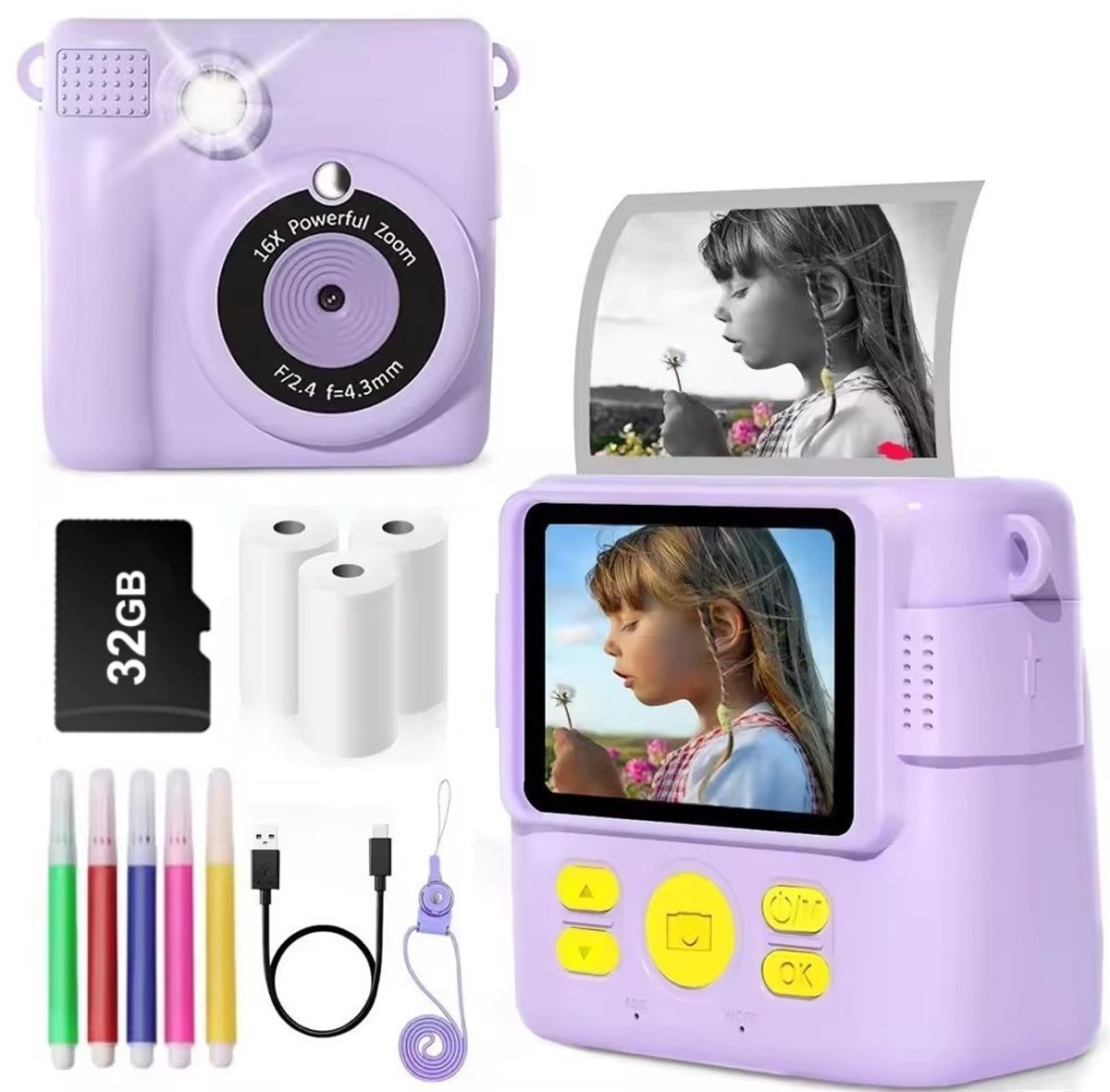 Instant Print Kindercamera – Digitale Thermische Camera voor Kinderen met 32GB SD-kaart, 3 printrollen en 6 kleurpotloden – 1080P HD Foto & Video, Perfect voor Cadeau en Creatief Spel