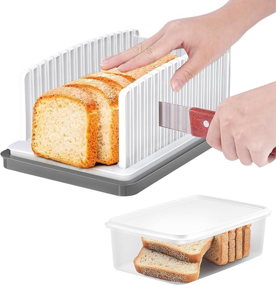 Verte Broodsnijder Hulpmiddel - Handmatige 2-in-1-Snijmachine voor Brood en Toast – Met Verstelbare Standaard en Opvangbak – Draagbaar en Geschikt voor Zelfgebakken Brood – Wit
