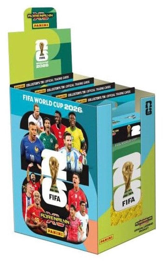 Boîte d'exposition de cartes à collectionner FIFA World Cup 2026 de Panini. Comprend des joueurs et le trophée de la Coupe du Monde.