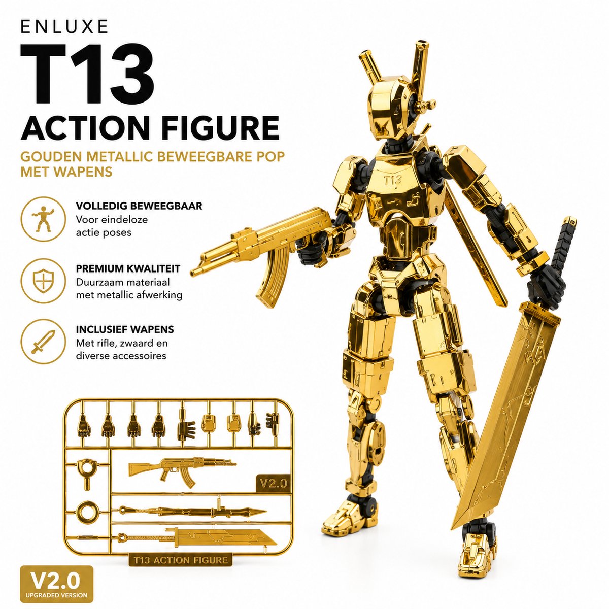 Enluxe T13 Action Figure - Gouden metallic beweegbare pop met wapens