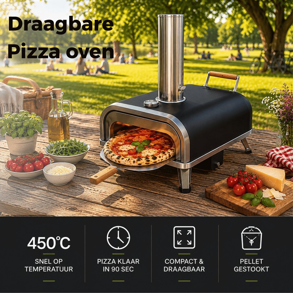 Caryota Pellet Pizza Oven - Buitenoven BBQ - Pizzasteen - Pizza schep - Deegsteker - Thermometer - Draagbaar - Authentieke pizza in 90 sec - 450 °C – foto 2