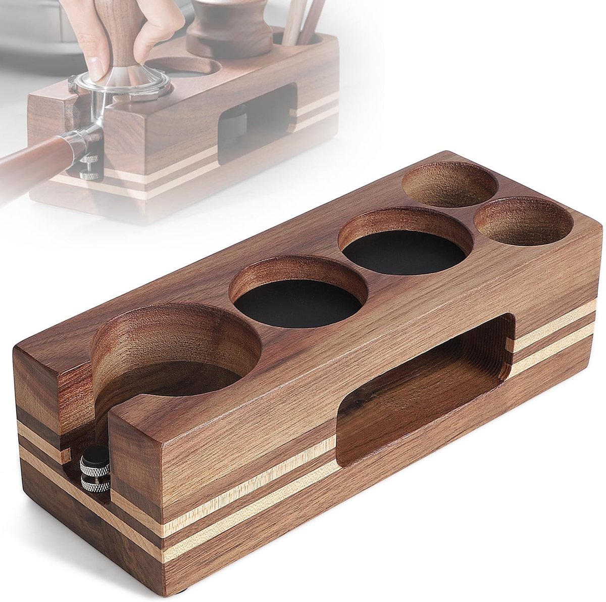 Dailygoods - Dailygoody - Tamper Station - Espresso Tamperstation - Hoogte Verstelbaar - Hazelnut Wood Holder - Duurzaam en Stijlvol - Geschikt voor Koffieliefhebb...