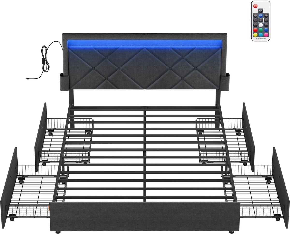 Vasagle Bed - LED Verlichting - 4 Lades - Verstelbaar Gestoffeerd Hoofdbord leigrijs
