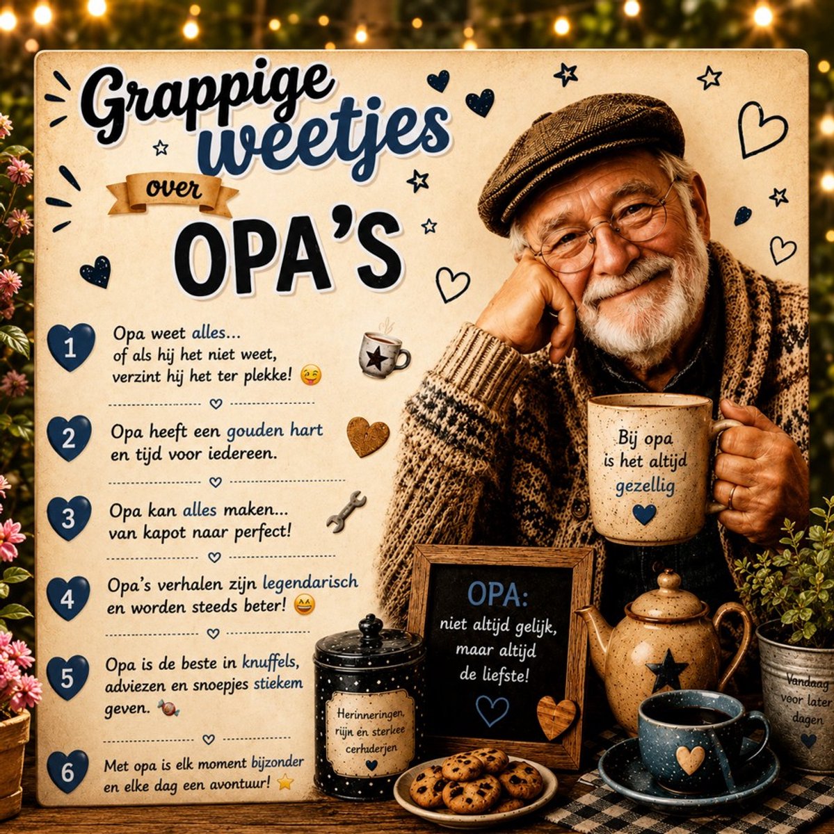 Spreuktegeltje Grappige Weetjes over Opa – Keramisch Tegeltje 15x15 cm | Cadeau voor Opa