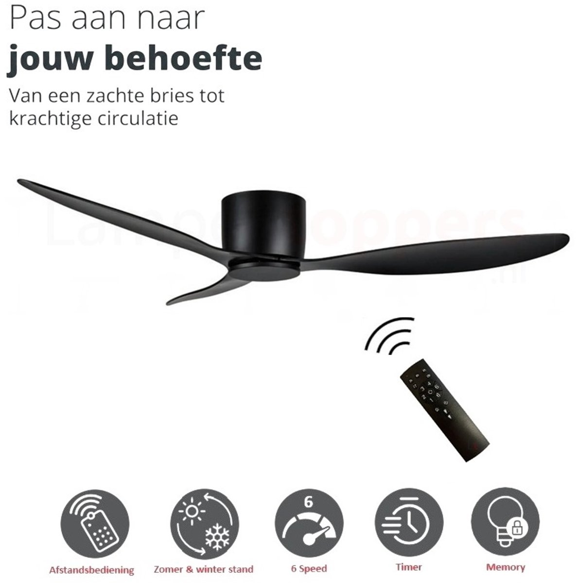 Freelight Brezza Plafondventilator Ø 132 cm zwart - Energiezuinige fluisterstille motor - 6 standen - Plafondwaaier