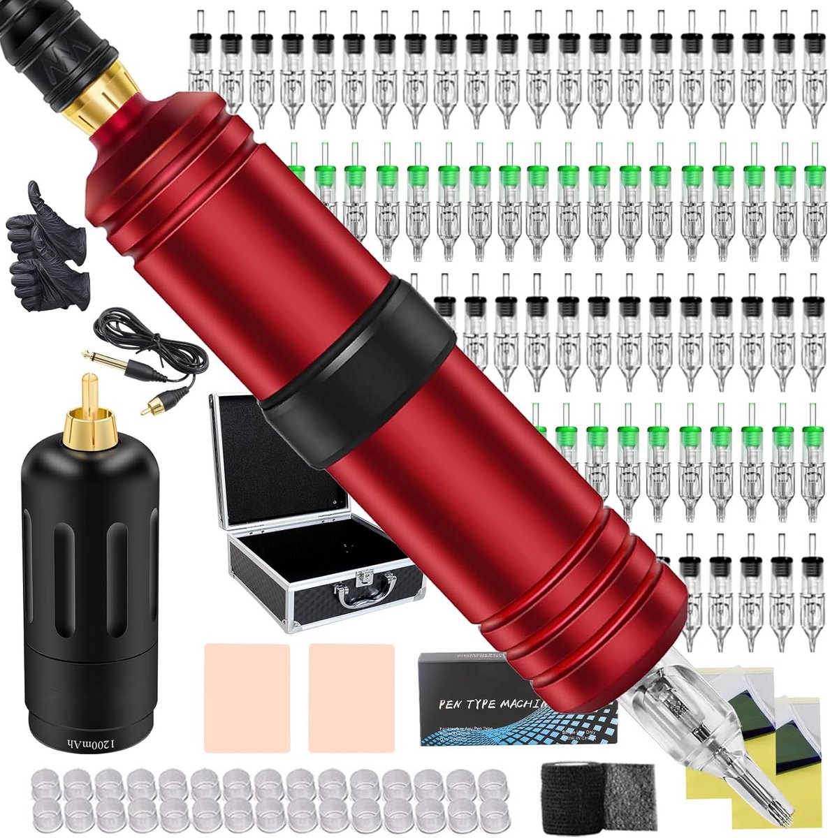 Draadloze Tattoo Pen Set met 20 Cartridgenaalden en Oefenhuid