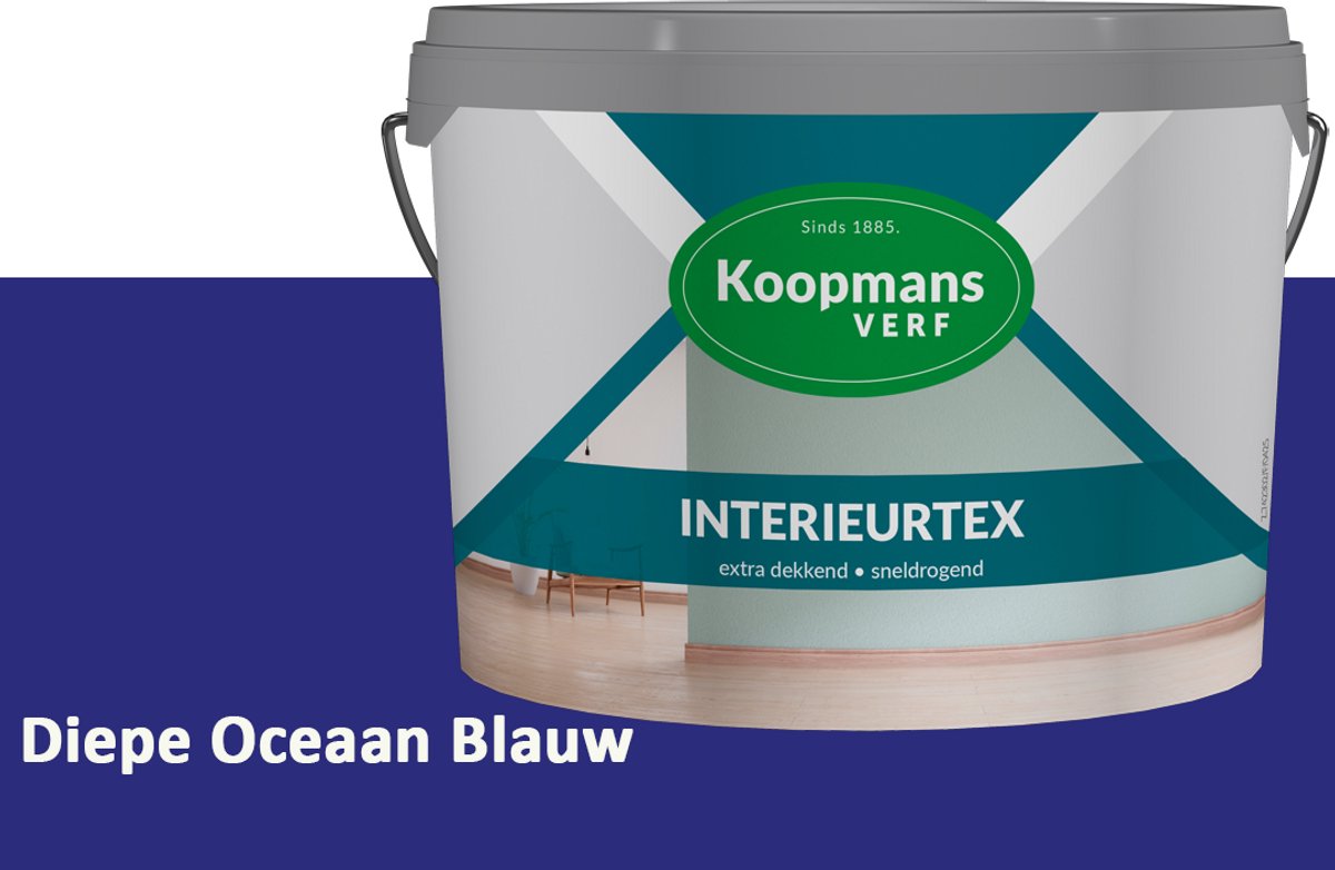 Koopmans Interieurtex Matte Muurverf Binnen – Extra Dekkende Sneldrogende Verf voor Muren en Plafonds – Diepe Oceaan Blauw – 5 l