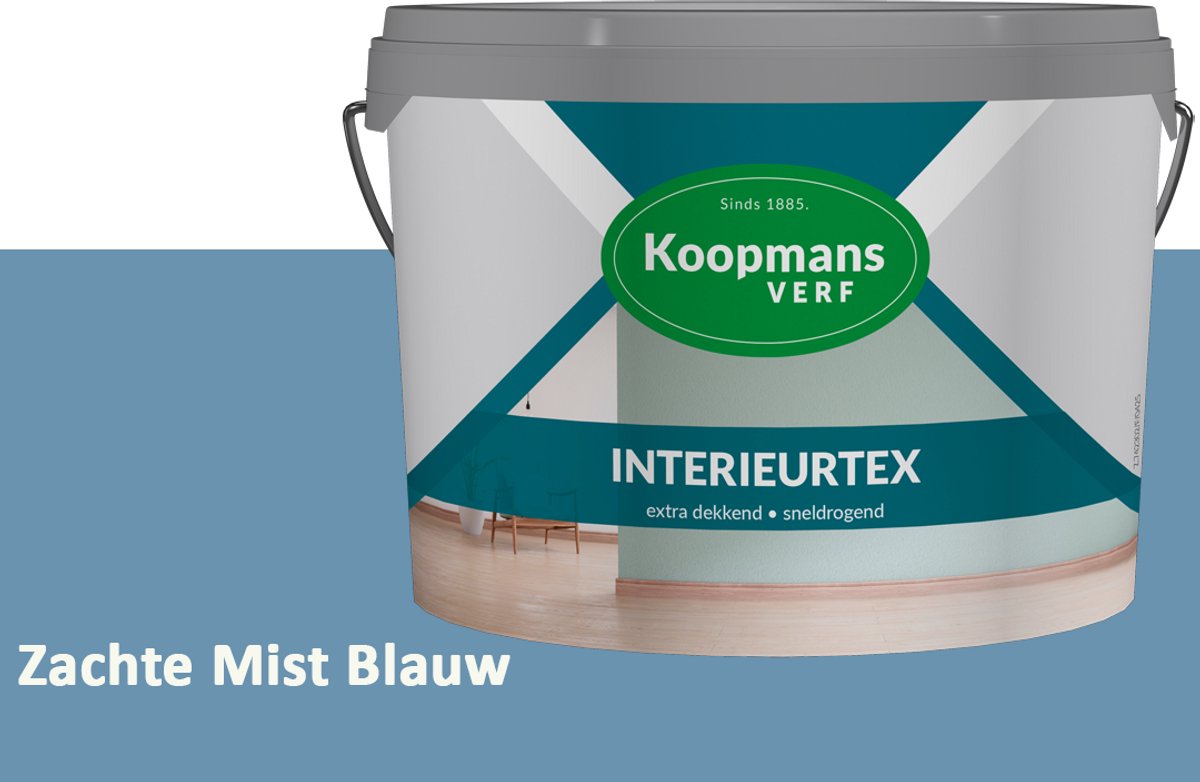 Koopmans Interieurtex Matte Muurverf Binnen – Extra Dekkende Sneldrogende Verf voor Muren en Plafonds – Zachte Mist Blauw – 5 l