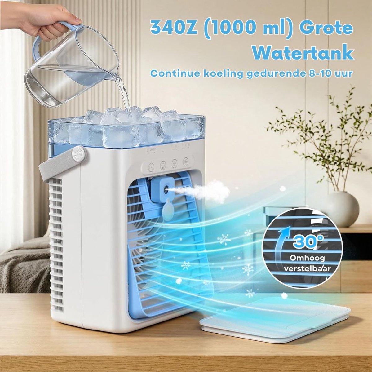 SNJY® Mobiele Airco Zonder Afvoer - Mobiele Airco voor Slaapkamer - Luchtkoeler - Aircooler - 2 Bevochtigingsniveaus - 3 Windsnelheden - 1L - Wit/Blauw – foto 3