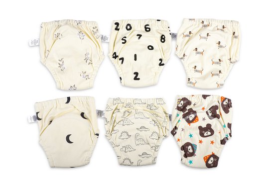 Zes Bummy oefenbroekjes naast elkaar met verschillende prints: bloemen, cijfers, teckels, manen, dino's en beren.
