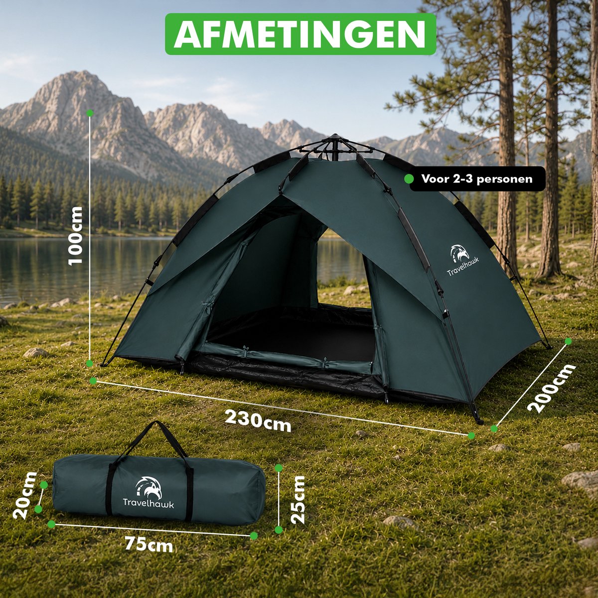 Travelhawk Pop Up Tent - 2-3 Persoons - Tent - Waterdicht - In 3 Seconden Opgezet - Groen – foto 3