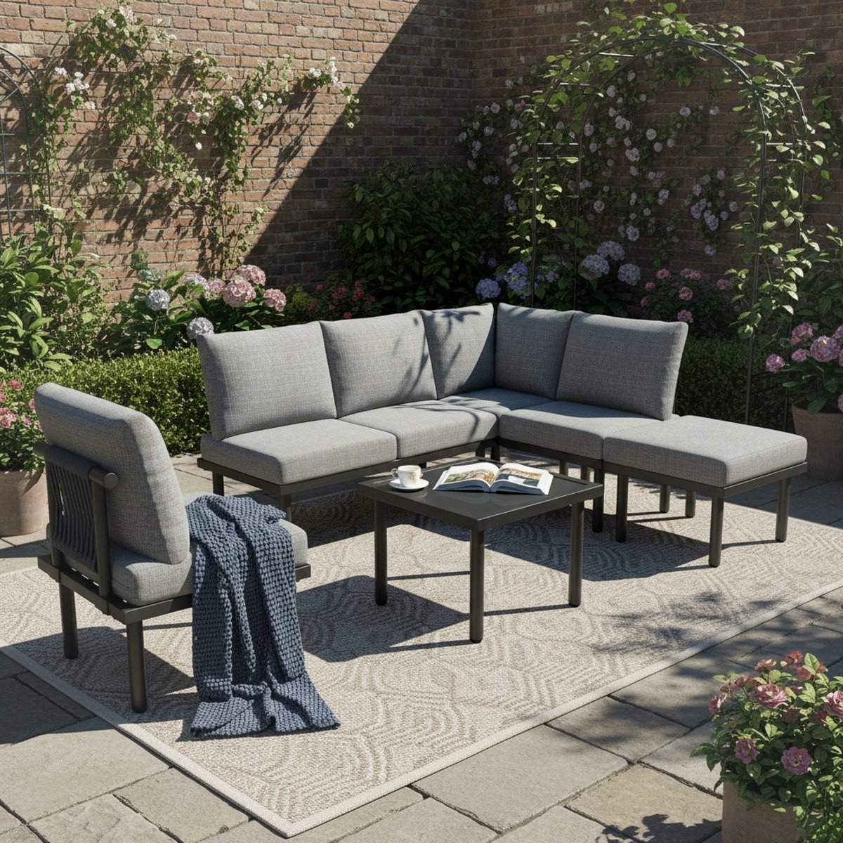 Wishdor Tuinloungeset - Gevlochten Touw En Verstelbare Voeten - Modern - Voor Tuin Of Terras - Verzinkt IJzer, Glas En Olefin - Grijs