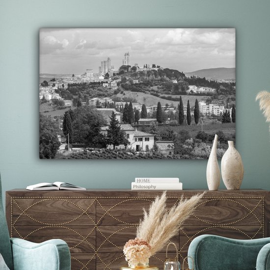 Peinture sur toile 150x100 cm - Décoration murale Les collines de San Gimignano en Toscane - noir et blanc - Décoration murale salon - Décoration chambre - Accessoires chambre - Peintures