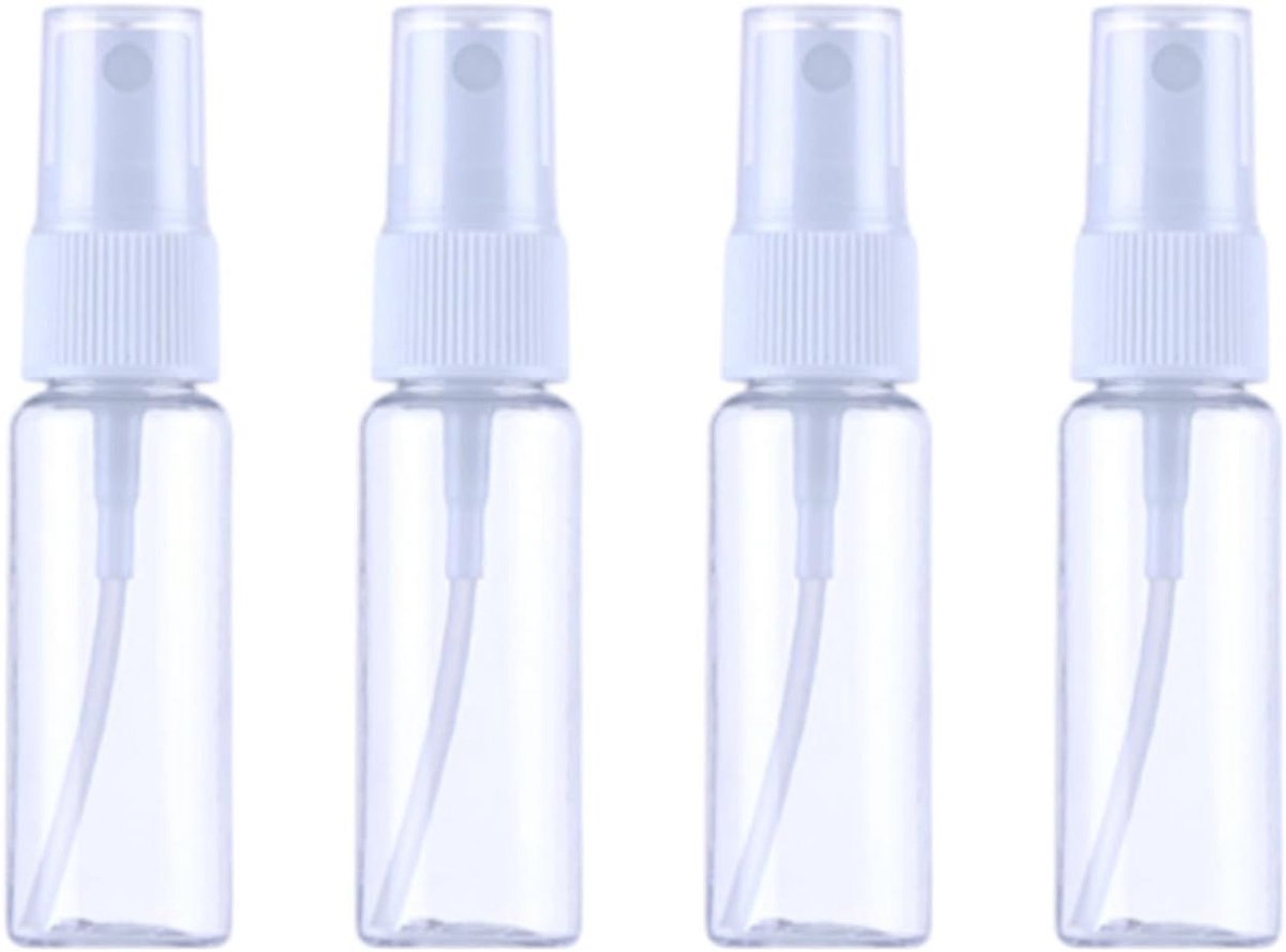 Lege spuitflessen — 4-pack — S — 20 ml — Hoogte: 9 cm — Diameter: 2,4 cm — Spuitflessen met pomp voor hydratatie & make-upfixatie — Kleine verstuivers — Verstuivers met fijne nevel — Spuitflessen voor desinfectiemiddel — Draagbare spuitflessen