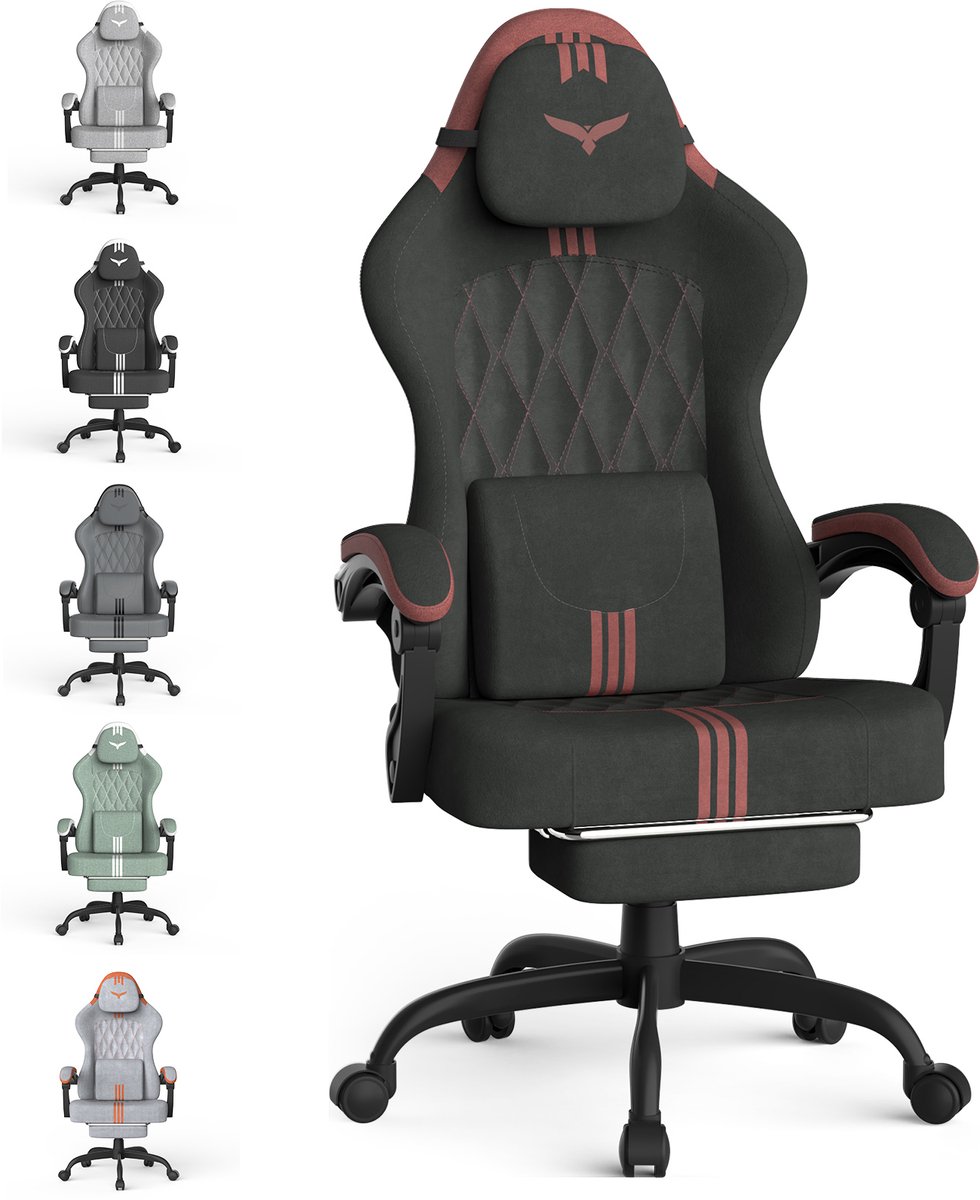 Soontrans - Ergonomische Gaming Stoel - Verstelbare Gamestoel - Lendensteun - Hoofdsteun - Voetsteun - Hoogteverstelbaar & 360° Draaibaar - Ademend Fluweeltextiel - Multifunctioneel als Bureaustoel - Werkstoel en PC-Stoel - Zwart-Rood