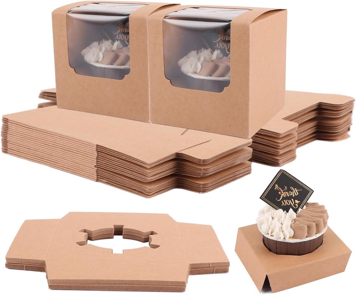Set van 100 Kraft Papieren Cupcake Dozen met Kijkvenster en Inzetstukken - 9 x 9 x 9 cm voor Taarten, Muffins en Desserts