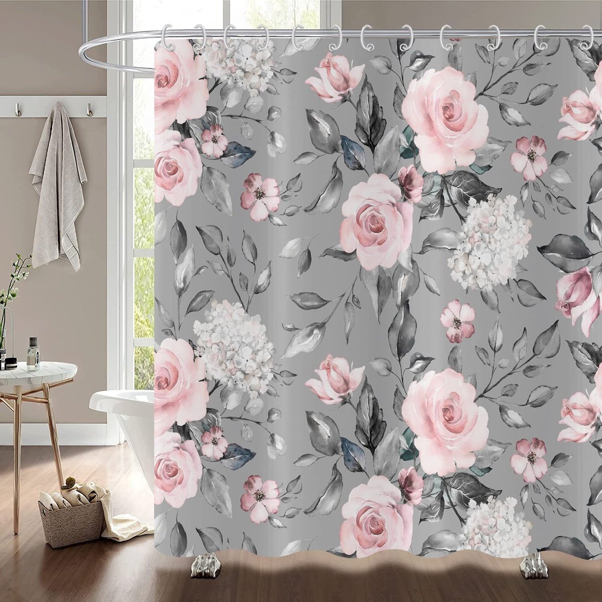 Dailygoods - Dailygoody - Bloemen douchegordijn - Vintage aquarel rozen - Waterdichte stof - Roze grijze bloem - Badkamer decoratie - 180 x 200 cm
