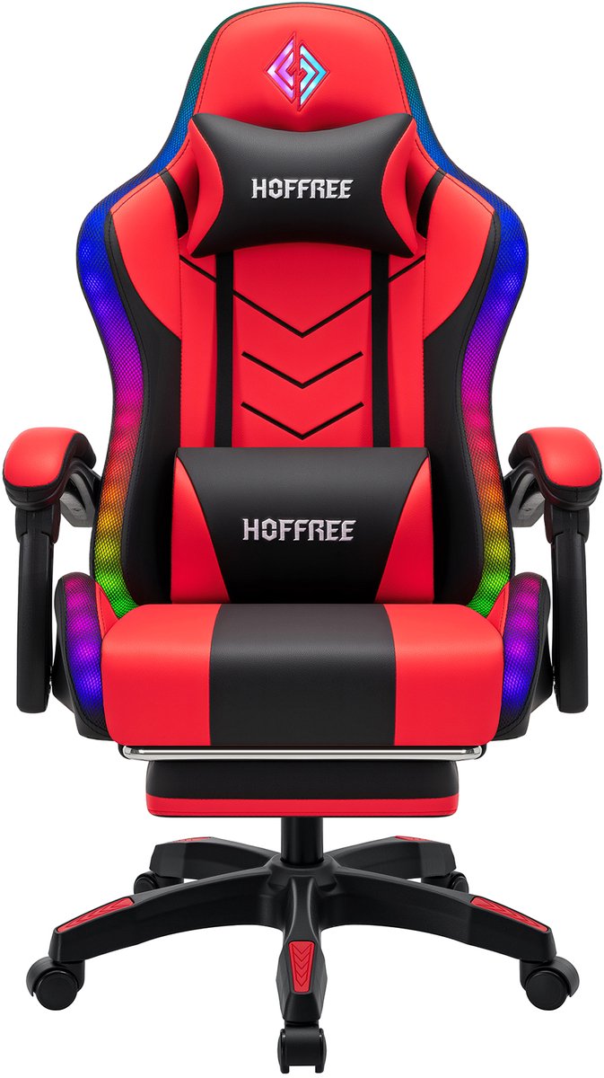Hoffree RGB LED Gamingstoel met Bluetooth Speaker – Ergonomische Bureaustoel met Massagefunctie, Voetsteun & 180° Verstelbare Rugleuning – Comfortabele Computerstoel voor Gamers & Thuiswerkers – Rood