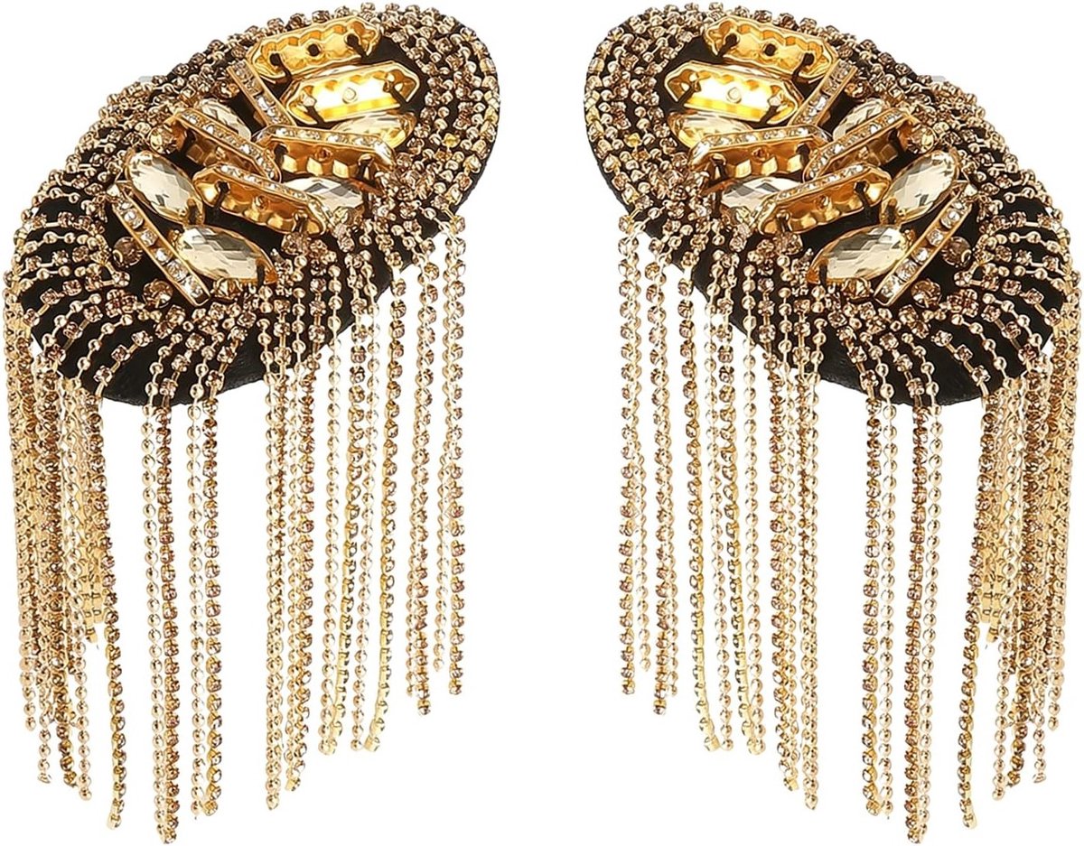 Gouden epauletten met strass en franjes voor carnaval, kostuum, cosplay en podiumoutfits - 18 cm schouderdecoratie