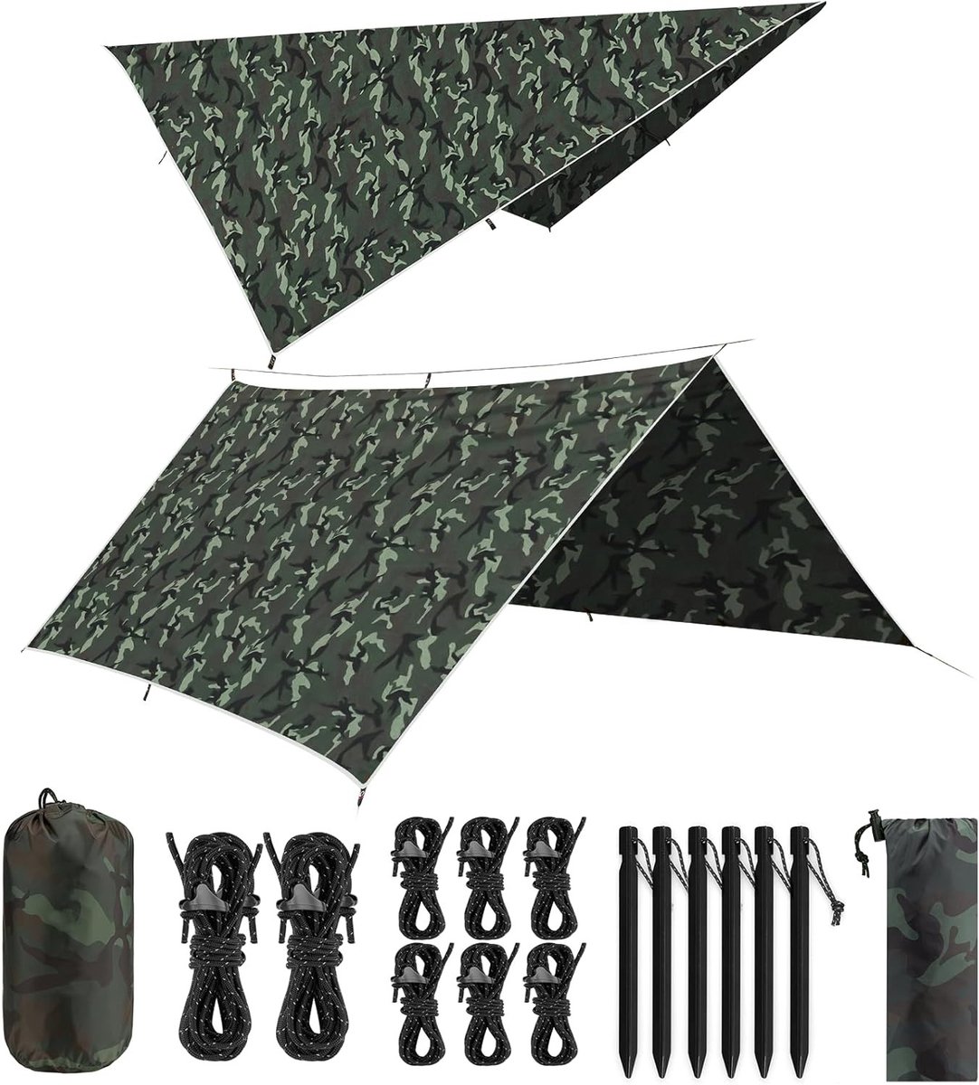 Waterdichte Ultralichte Tarp 3 x 3 m met 9 Oogjes, 6 Aluminium Pins en 8 Nylon Touwen voor Camping, Picknick en Bescherming tegen UV-straling