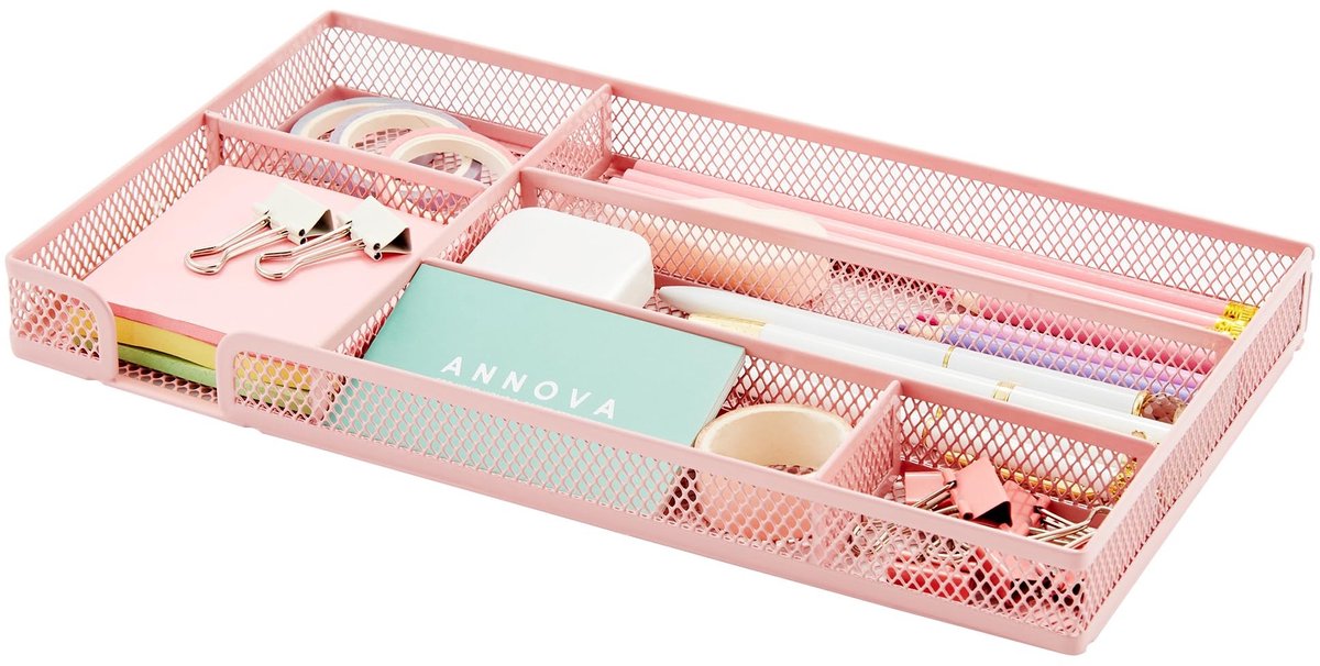 Dailygoods - Dailygoody - Bureaulade organizer - Metalen gaas - Organisatie voor kantoor en badkamer - Light Pink - Opbergbak met verdelers - Geschikt voor make-up...