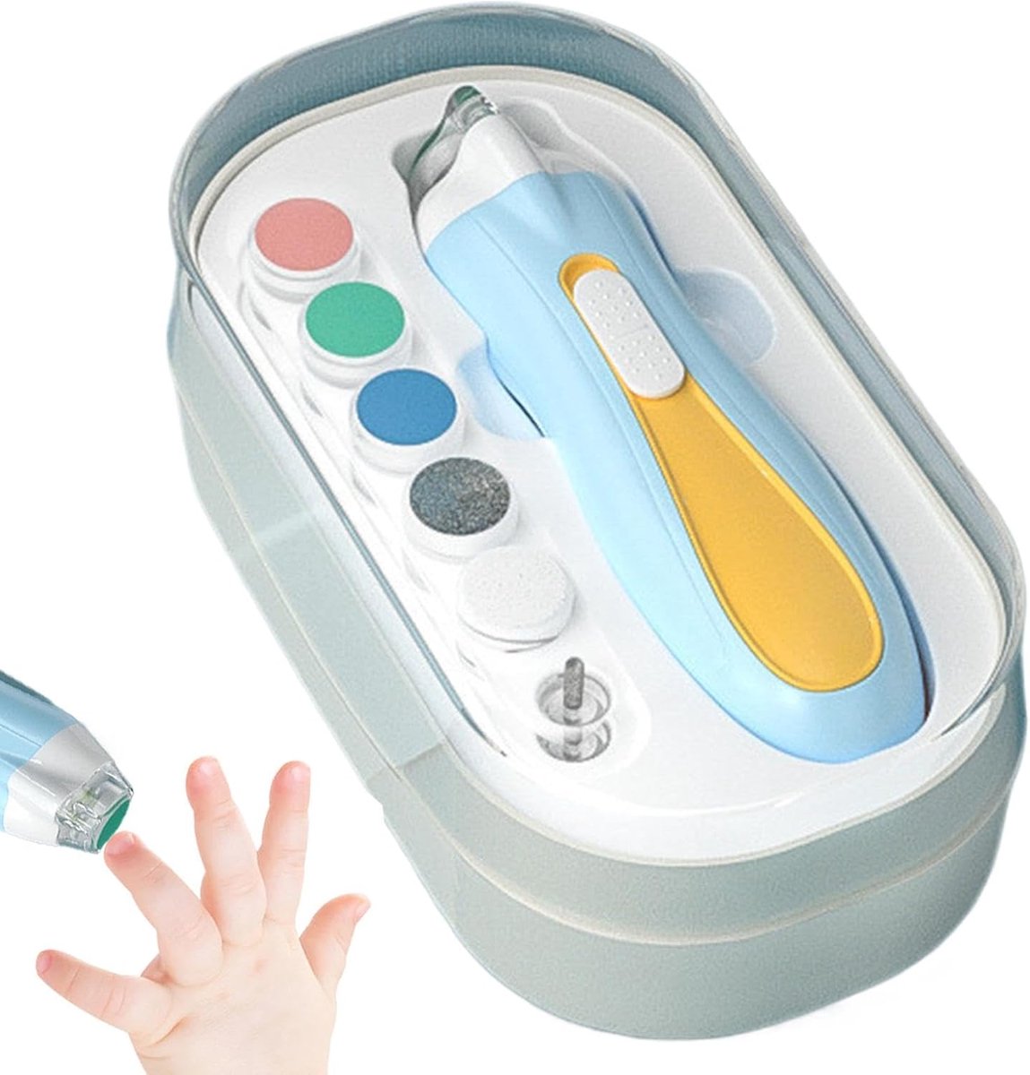 1 Elektrische nageltrimmer voor kinderen - 6 slijpkoppen - Stofkap - LED-lampje - Oplaadbare automatische nagelvijl - Gebruiksvriendelijk - Draagbaar - Geel, Blauw