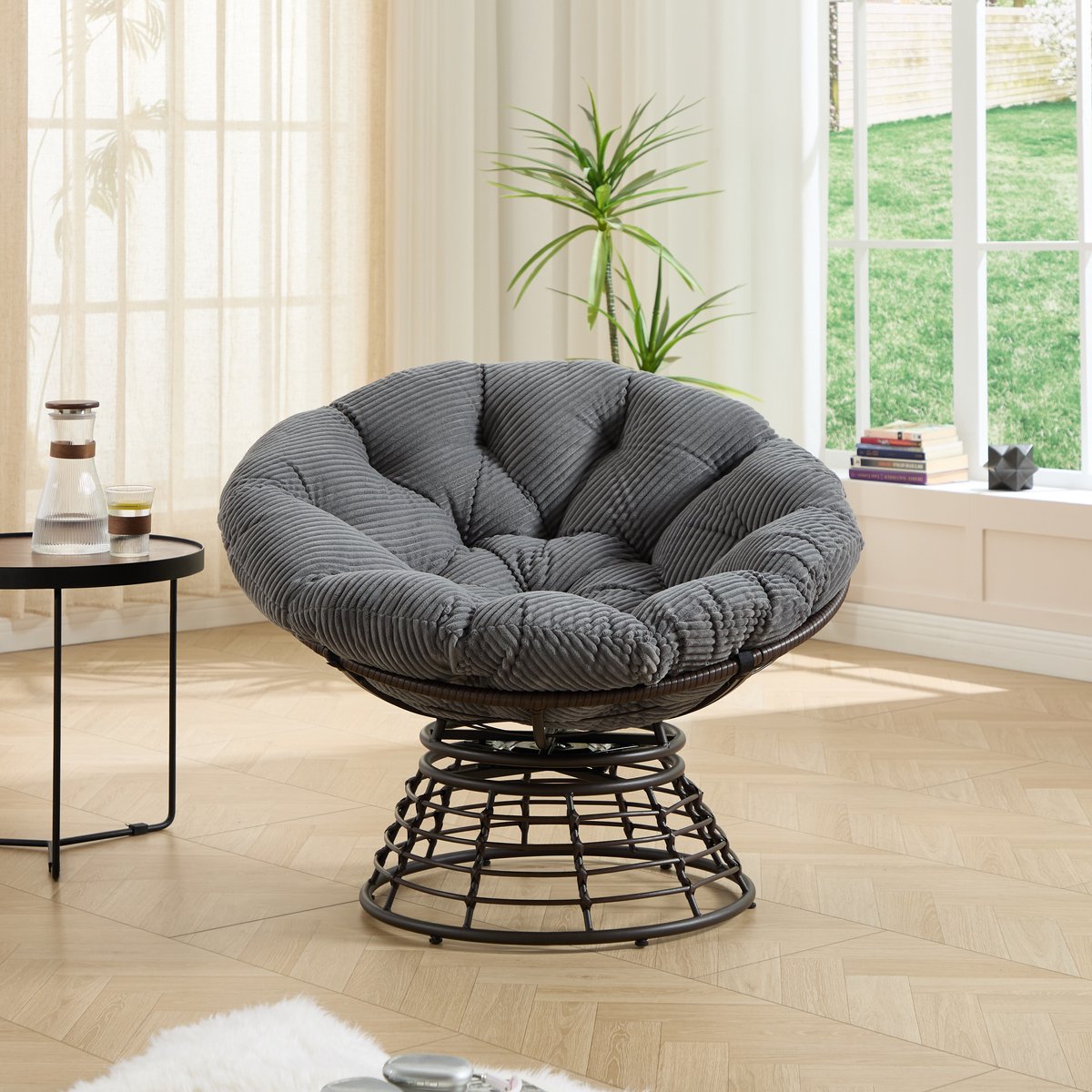 Schommelstoel - Ergonomische Papasan stoel - 360° rotatie - Relaxstoel - Loungestoel - Rotan Relaxstoel - Geschikt voor gebruik binnen en buiten - Grijs