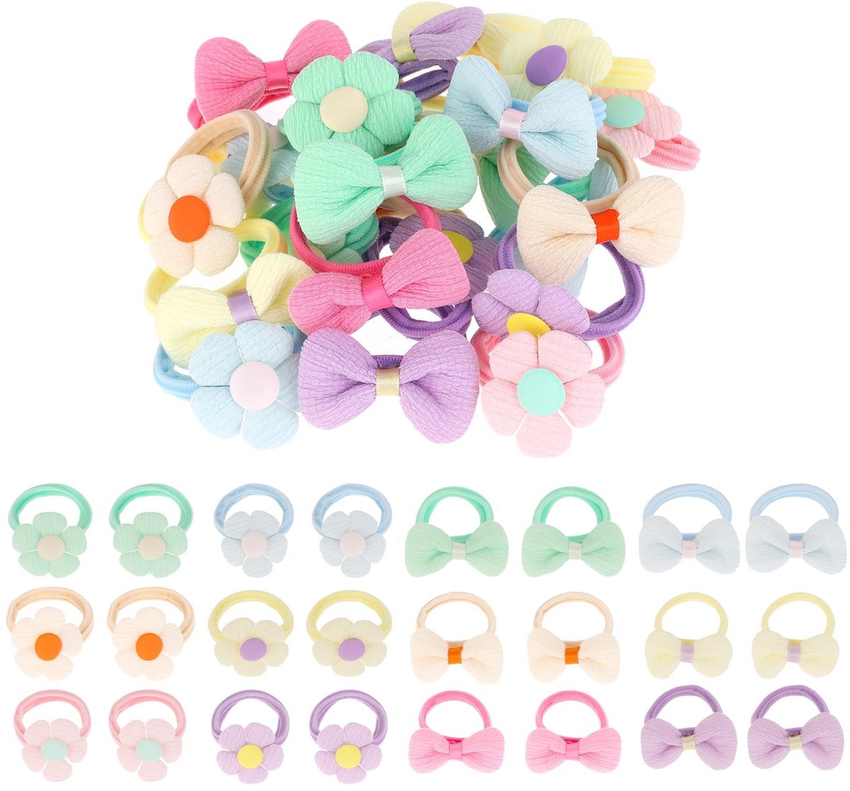 Dailygoody - Babyhaarelastiekjes - Bloemen - Zacht en naadloos - Roze, geel, groen, blauw - Geschikt voor kleine meisjes - 24 stuks