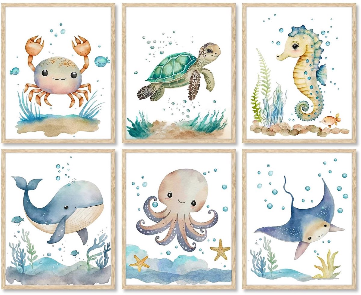 Dailygoody - Ocean Animal Muur Kunst - Watercolor Zeedieren Posters - 6 - 8x10 inch - Kindvriendelijk Decor - Kinderkamer Decoratie