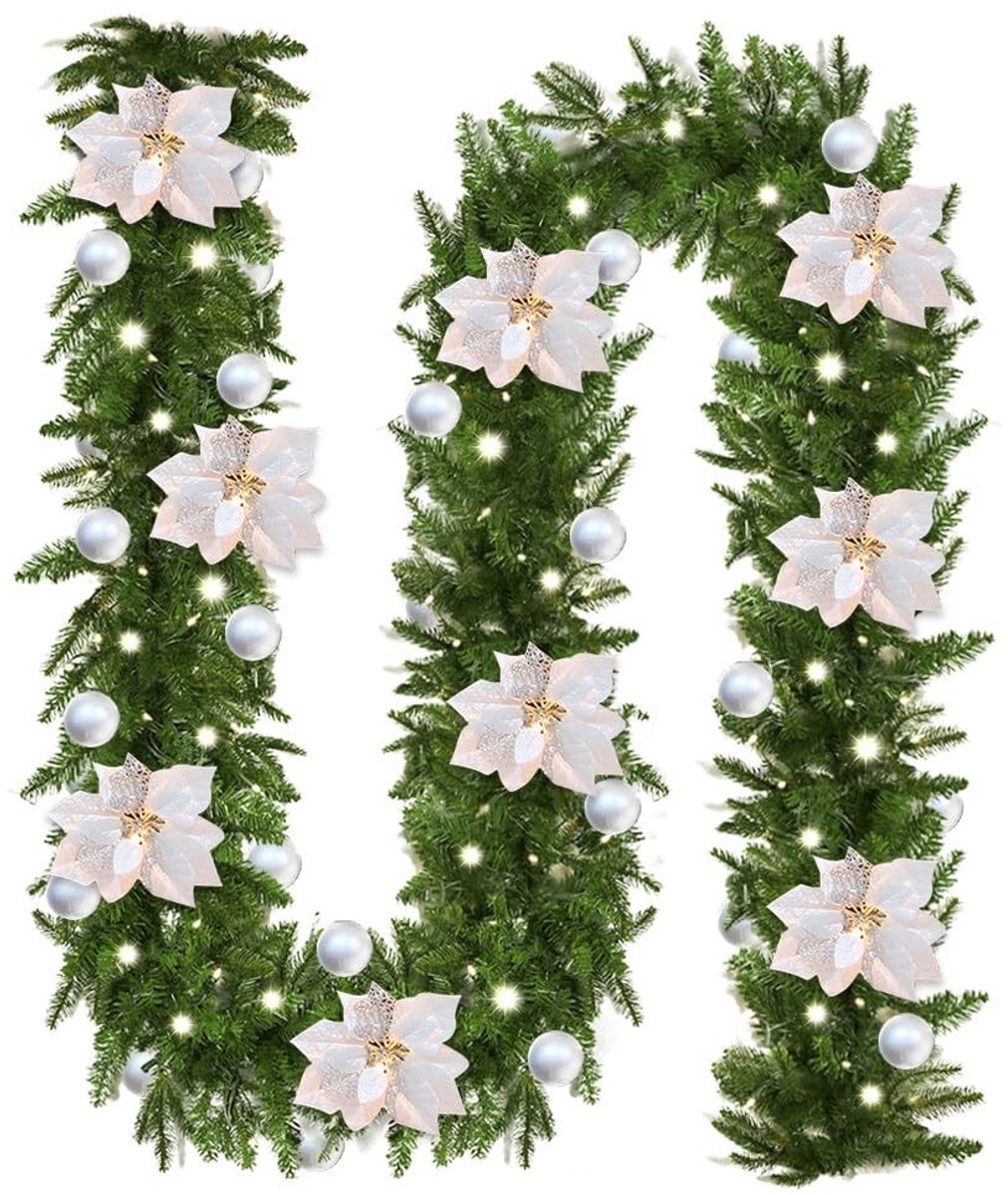 Dailygoods - Dailygoody - Kerstslinger met verlichting - Dennenslinger - 2,7 meter - Zilverkleurig - Buitentrappen - Feestelijke decoratie