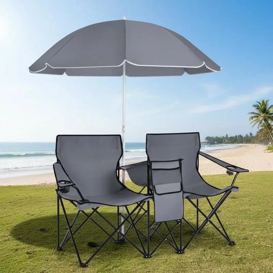 HomeGoodies - Dubbele campingstoel opvouwbaar - Verstelbare parasol - Roestvrij stalen frame - Waterdicht - Strand & patio - Grijs van Homegoodies — afbeelding 2