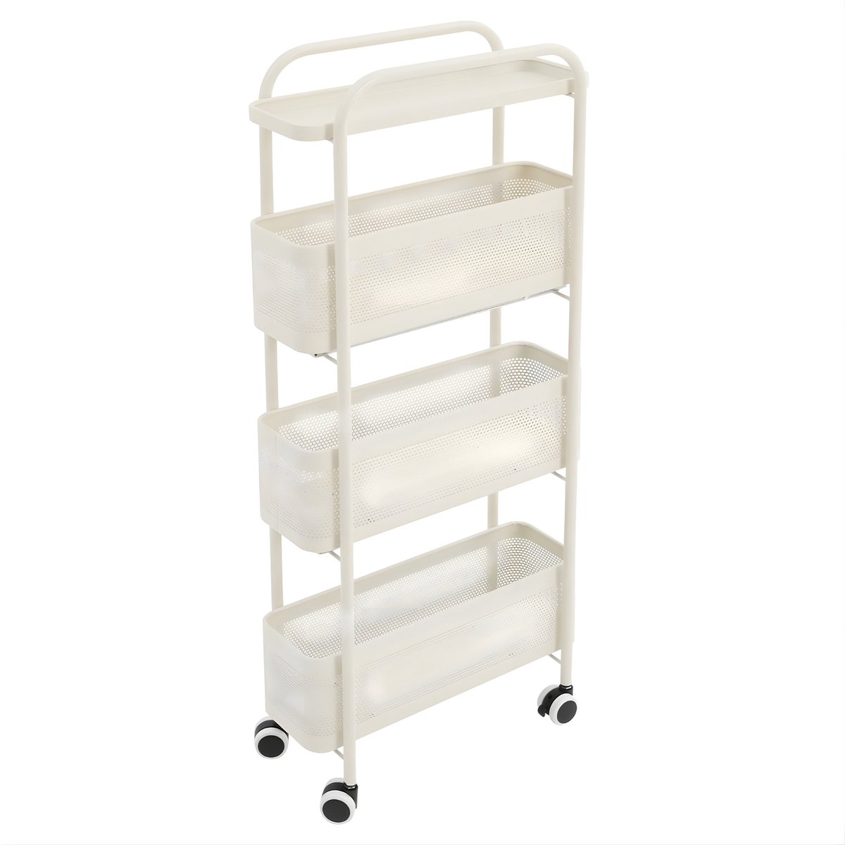 4-Laags Smalle Roltafel met Wielen – Opbergwagen met Uittrekbare Mesh Mand – Mobiele Keuken Organizer 40 x 15 x 89,5 cm – Wit