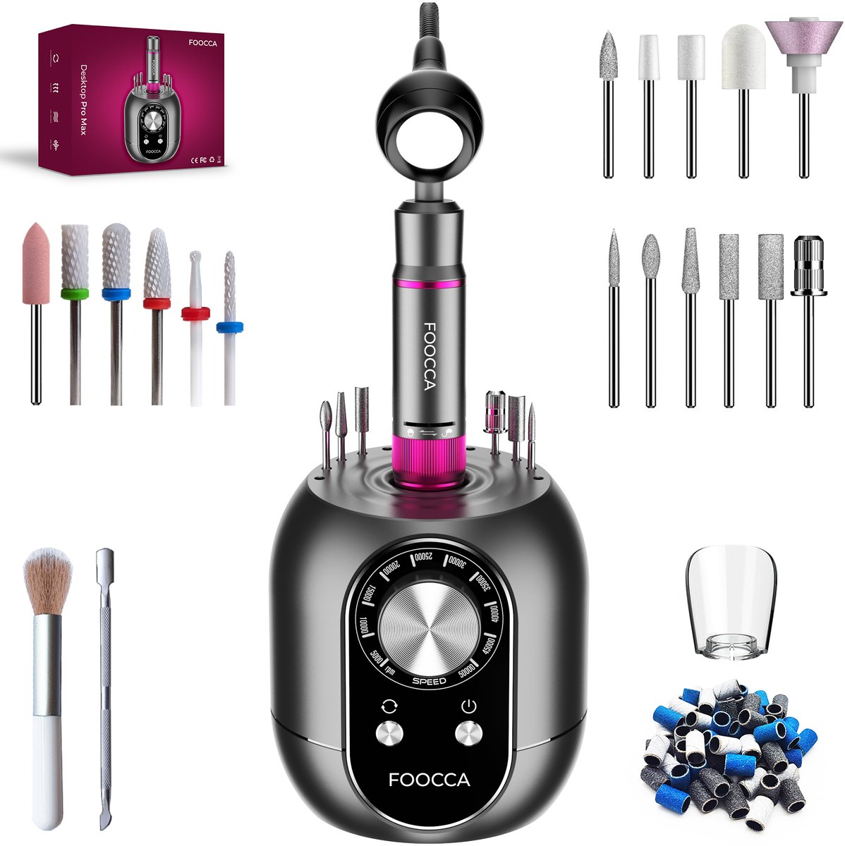 FOOCCA® Elektrische Nagelvijl - Nagelfrees 50000 RPM - 22 Bitjes + 95 Schuurrolletjes + 2 Accessoires - Bedraad - Desktop Ultra - LED Verlichting - Nagelstofkap - Manicure en Pedicure Set - Eeltverwijderaar - Kalknagels