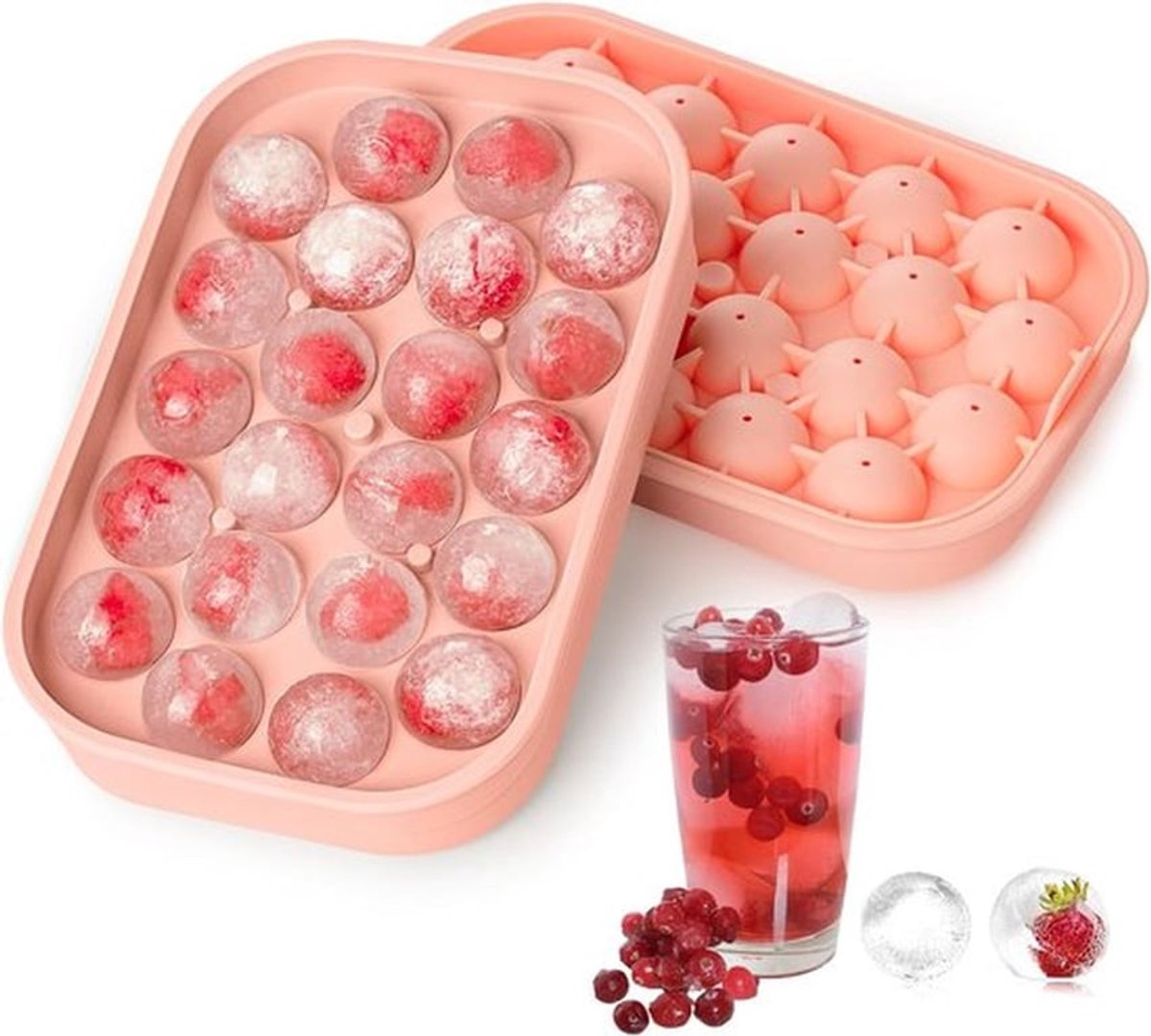 IJsblokjesvormen voor de koelkast – 2-delige set – Siliconen vormen voor ijsbollen met deksel – BPA-vrij – Eenvoudig los te maken – Maak zelf ronde ijsblokjes – Ideaal voor cocktails & koffie – Roze