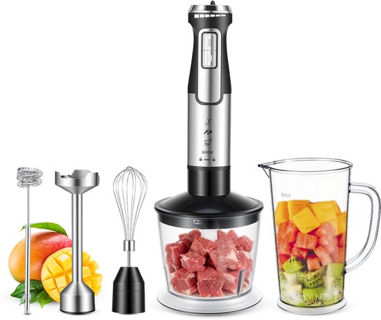 Svintora - Staafmixer Set 5-in-1 -1600W Handblender -Incl.Hakmolen, garde, melkopschuimer & Maatbeker - 6 Snelheden – RVS