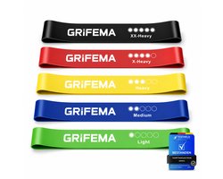 GRIFEMA Weerstandsbanden Set van 5 - Natuurlijk Latex - 5 Niveaus - Voor Bodybuilding, Yoga & Pilates - Incl. Trainingshandleiding & Draagtas