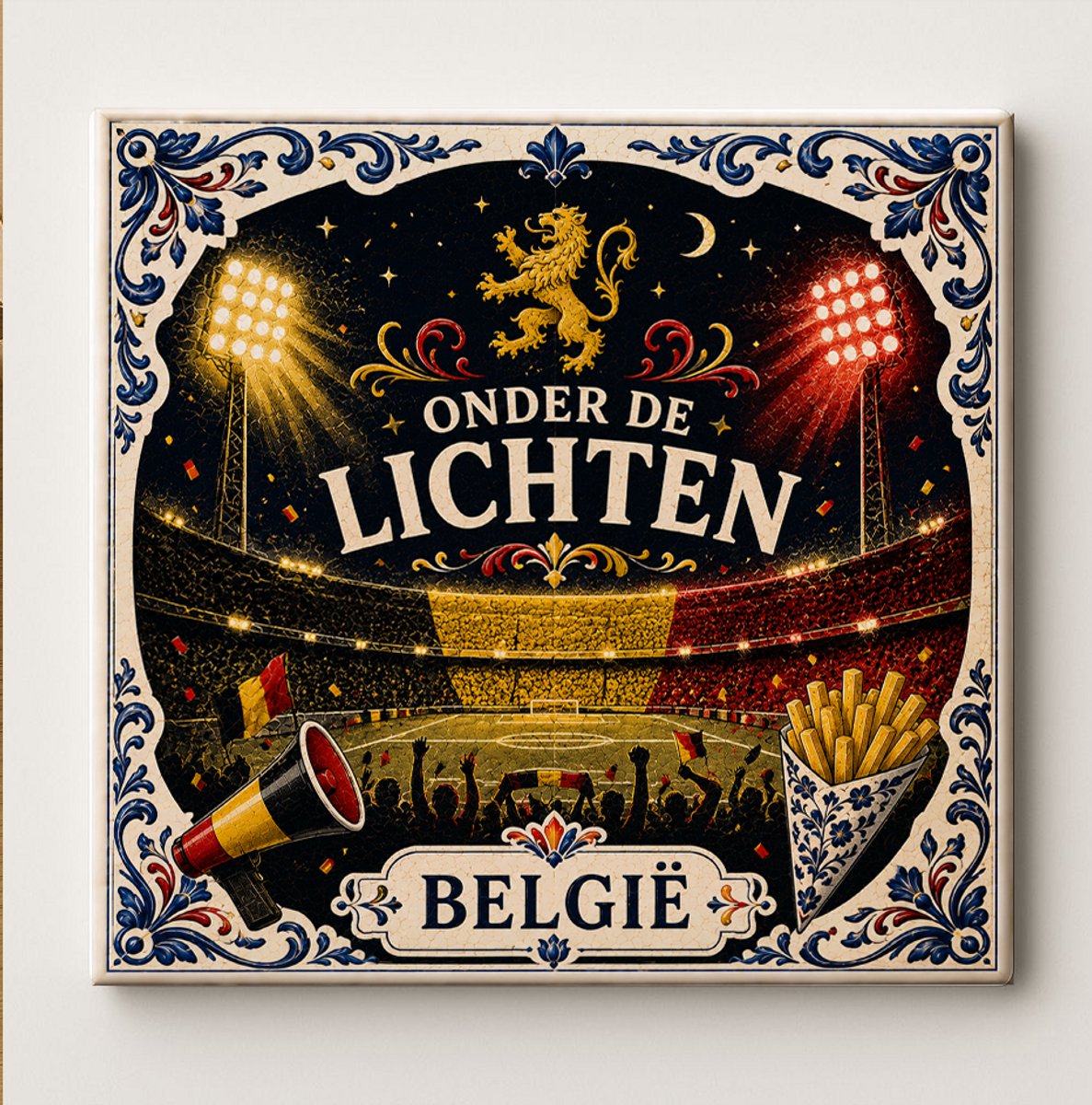 België Onder de Lichten Decoratieve Keramische Tegel – Belgische Voetbal Fan Wandtegel – Stadion Nacht Design – Rood Zwart Geel Supporter Cadeau