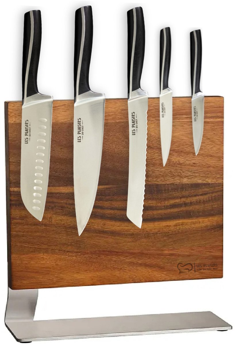 Les Plaisirs Du Chef - Design messenblok - dubbelzijdig magnetisch - uit premium acaciahout met 5-delige messenset - scherpe messen - voor de betere hobbykok